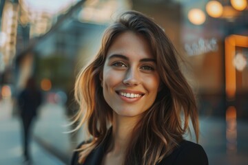 Fototapeta premium Young woman smiling confidently in urban setting