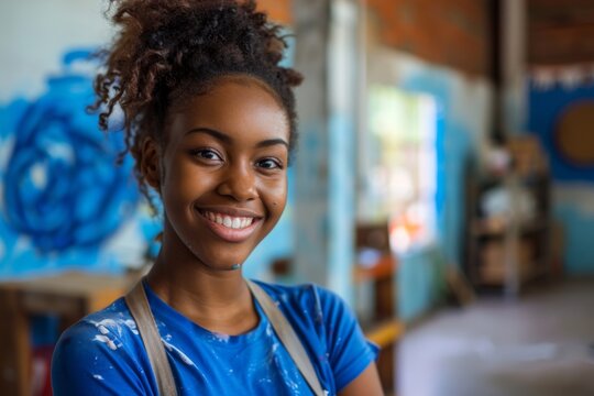 Young woman smiling in an art studio with paint on her shirt - Powered by Adobe