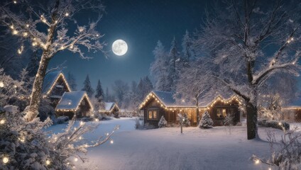 Enchanting Winter Wonderland Village Under a Full Moon at Night.