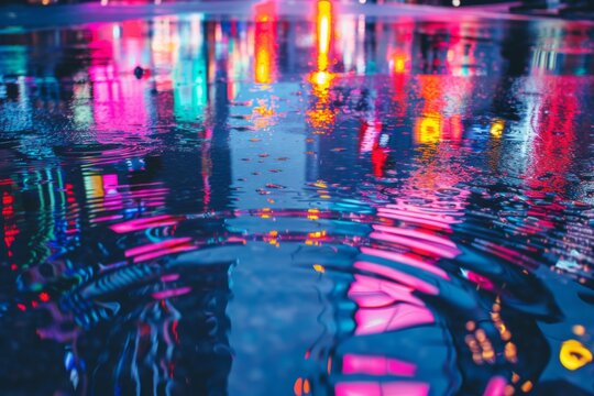 Colorful reflections in a puddle on a city street at night - Powered by Adobe
