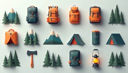 Camping icons collection. Illustration essential outdoor adventure gear. Backpack mountains tent trees camping items included. Camping trip preparation. Vacation recreation journey fun leisure. Gear,