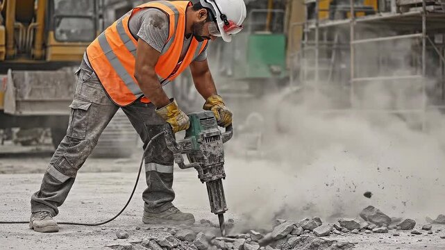 Construction Worker Using Jackhammer Creating Dust And Debris On Gray Pavement Outdoors
