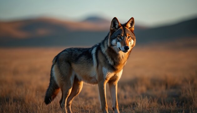 Magnificent wolf stands tall in open field. Wild animal at sunset. Lone wolf portrait in natural habitat. Mammal in golden hour sunlight. Predator in wilderness landscape.