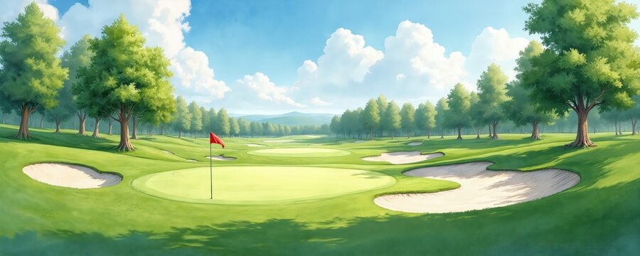 Vibrant golf course landscape. Green fairways and putting greens feature sand traps and trees. Red flag marks the hole under a blue sky with fluffy clouds.