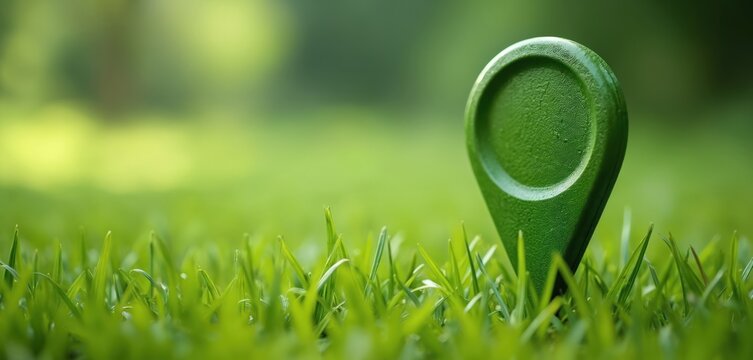 Green location pin stands in fresh grass field. GPS marker points to specific spot on natural land for guidance. Eco-friendly map symbol helps find unique place in vibrant nature. Represents