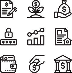 Bank and finance icon set. Business and corporation vector signs. Contain symbol of safe, global market, auction, crowd funding, start up, meeting, stock, bull and bear.
