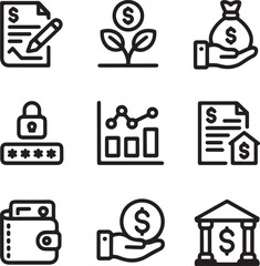 Dollar line editable icon set. Containing money, payment, currency, dollar, price, bank, earning, and more.
