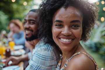 Young woman smiling happily at outdoor gathering with friends