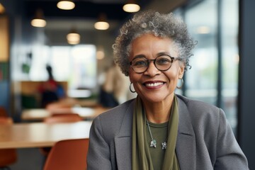 Senior woman smiling happily in a modern cafe