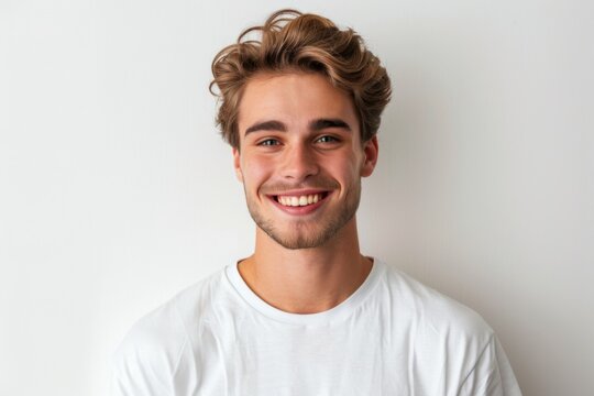 Young man smiling happily in a white t-shirt