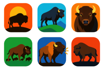 Series of six different buffalo icons, each with a different color and expression. The icons are arranged in a grid, with each one having a different background and mood