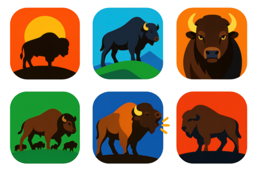 Series of six different buffalo icons, each with a different color and expression. The icons are arranged in a grid, with each one having a different background and mood