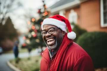 Adult man smiling joyfully in a red coat and santa hat outdoors