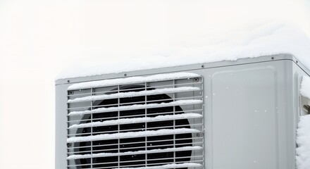 An outdoor air conditioner unit covered in snow during winter. Close-up of an HVAC heat pump system in cold weather with copy space