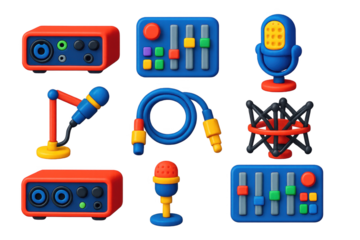 Set of electronic equipment, including a microphone, a mixer, and a microphone stand. Concept of creativity and innovation, as these tools are often used in the music industry to produce