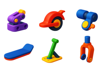 Collection of colorful toy parts, including a skateboard, a scooter, and a toy car