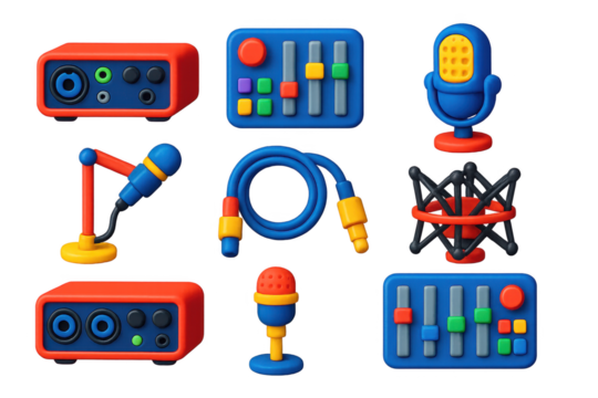 Set of electronic equipment, including a microphone, a mixer, and a microphone stand. Concept of creativity and innovation, as these tools are often used in the music industry to produce