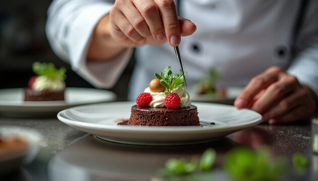 Chef decorates dessert with tweezers at kitchen. Culinary expert presents baked small chocolate cake with cream, raspberries and sprouts. Food stylist adds final touch for gourmet dish.