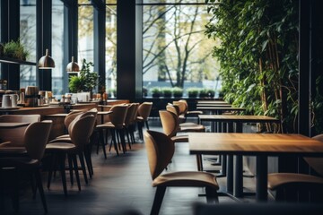 Fototapeta premium Modern restaurant interior with empty tables and greenery