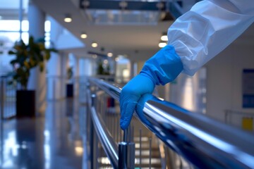 Naklejka premium Adult in protective gear touching railing in a modern building