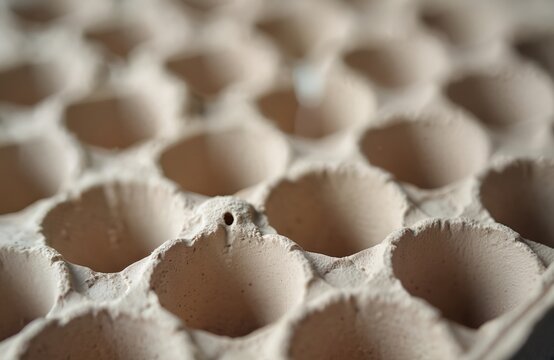 Close-up of empty cardboard egg carton. Natural fiber tray for storing and protecting fragile eggs during transport and sale. Neutral background for food packaging. - Powered by Adobe