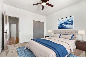 A cozy bedroom featuring a large bed and an overhead ceiling fan