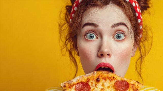 Surprised Woman Enjoying a Slice of Pizza with Pepperoni - Powered by Adobe