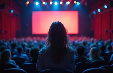Woman watches movie premiere in magenta cinema auditorium with lively crowd. Spectators enjoy film screening in dark theatre. Audience sits in seats, focused on bright screen.