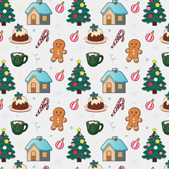 Seamless Christmas Pattern with Gingerbread, Holiday Houses, Trees and Festive Elements