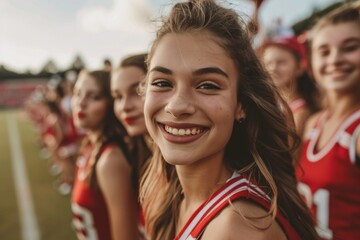Fototapeta premium Cheerful young girl smiling at a sports event with friends