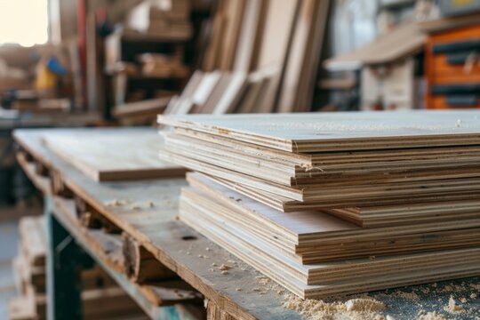 Stack of plywood sheets in a woodworking shop