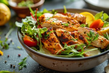 Delicious grilled chicken salad with fresh vegetables