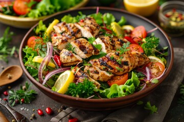 Grilled chicken salad with fresh vegetables and herbs