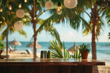 Relaxing beach bar scene with tropical plants and ocean view