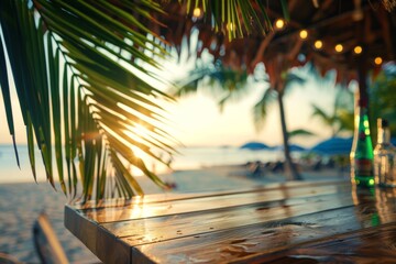 Relaxing beach scene with sunset and palm leaves