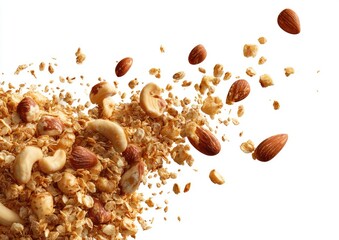Granola with nuts scattered on a white backdrop