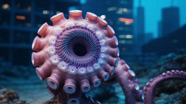 Ultra sharp 8K macro photograph of a neon glowing futuristic octopus sucker