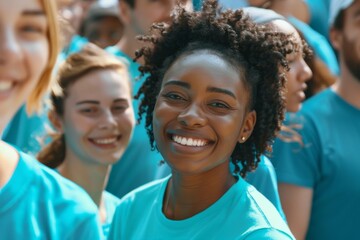 Young woman smiling in a group of friends outdoors