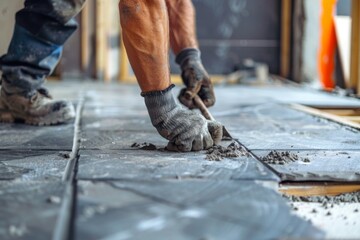 Adult man working hard on tile installation in construction site