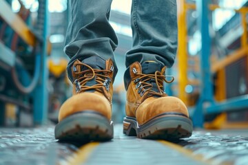 Adult wearing sturdy work boots in industrial setting