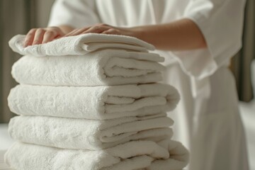Adult woman folding clean towels in a cozy home environment