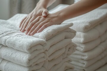 Adult woman folding towels in a clean home environment
