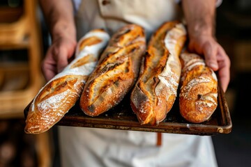 Adult baker holding freshly baked baguettes in a bakery
