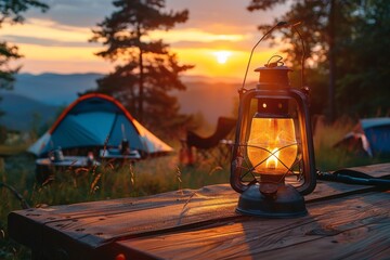 Camping scene with lantern at sunset in nature