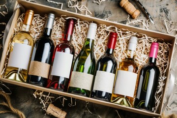 Assorted wine bottles in a gift box with blank labels
