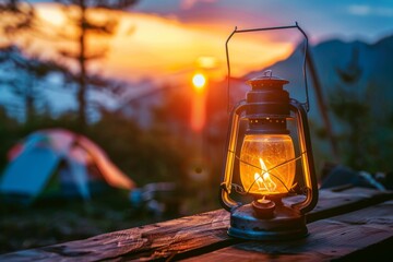 A glowing lantern in a serene camping scene at sunset