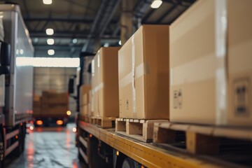 Boxes being loaded onto trucks in a warehouse