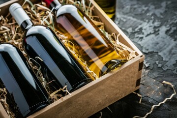 Three bottles of wine in a gift box with straw