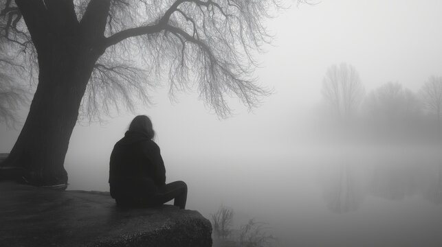 Mysterious early morning fog surrounds a person sitting by a calm lake, with bare trees in the background, creating a peaceful yet haunting atmosphere