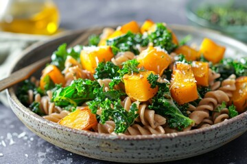 Delicious pasta salad with kale and roasted squash